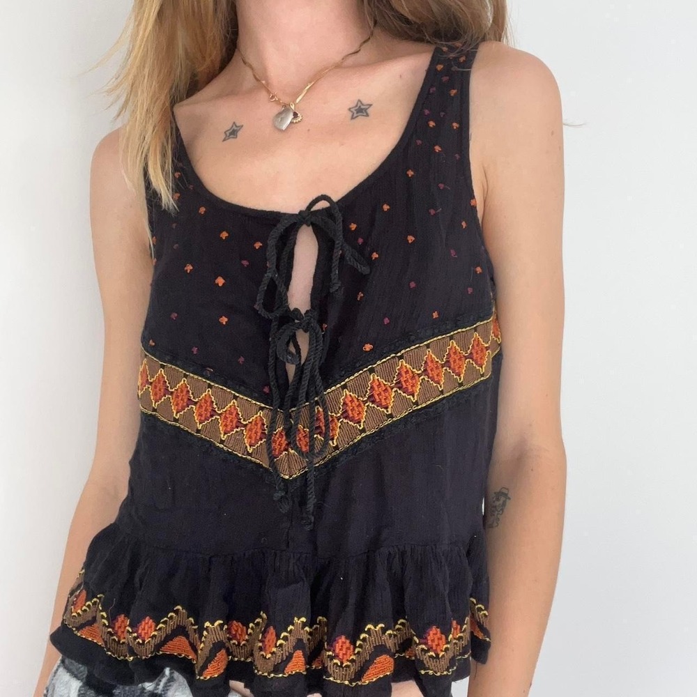 Free people black embroidered front tie tank top blouse Aztec size XS